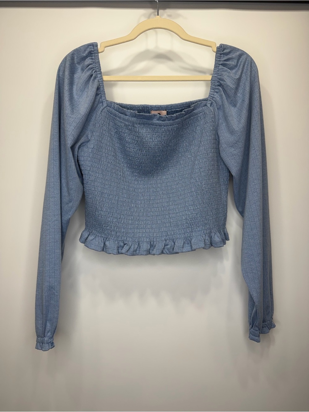 SO Light Blue Smocked Square-Neck Long Sleeve Crop Top